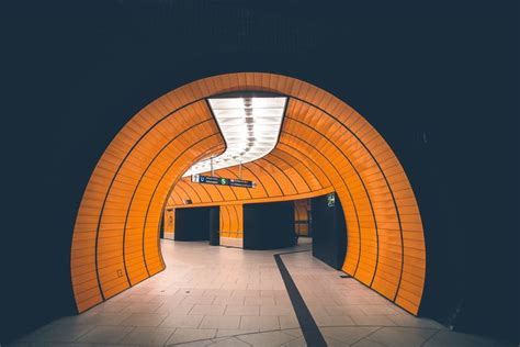 Subway, orange, underground, city, tunnel, architecture, light, dark, tile, minimal, munich ...