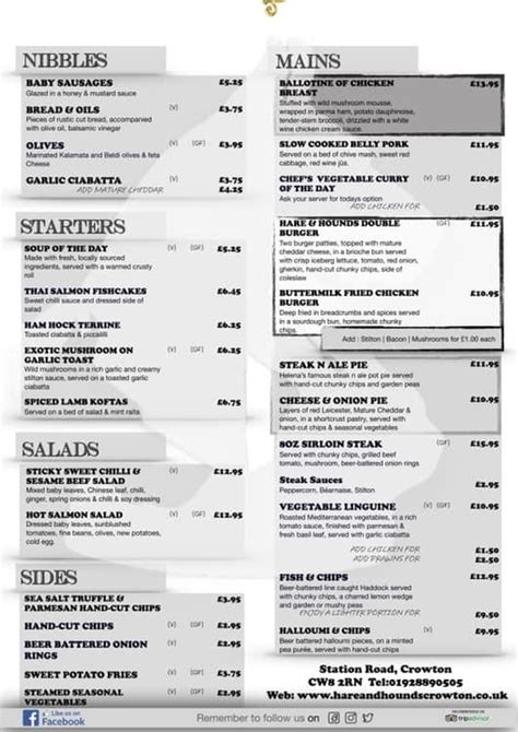 Menu at The Hare & Hounds pub & bar, Crowton, Station Rd