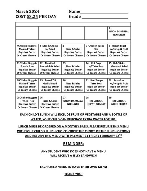 Lunch Menu - St. Michael Parish School - Union, NJ