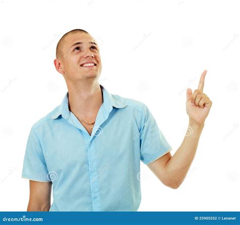 Smiling man pointing up stock photo. Image of fresh, point - 25905552