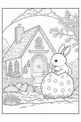 A Rabbit Sitting On Top Of Large Egg In Front House With Trees  sketch template