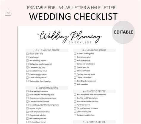 Editable Wedding Planning Checklist Wedding Planning Printable Wedding to Do List Wedding ...