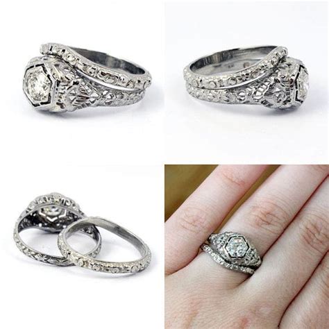 18K Art Deco 1920s Filigree European Cut Antique Diamond Engagement Ring Band Wedding Set | In ...