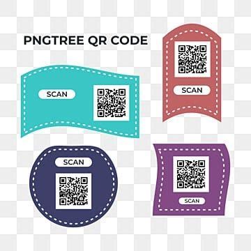 three different colored qr code stickers on a white and blue background, with the same