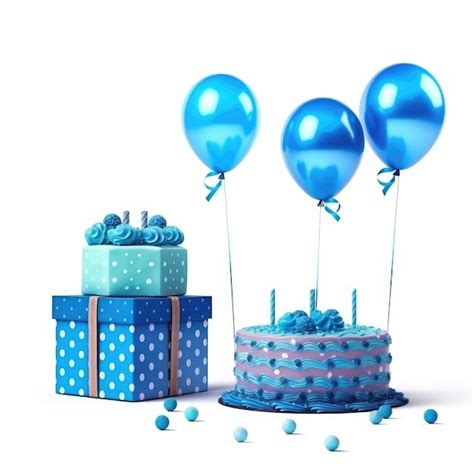 Premium Photo | A birthday cake with blue balloons and a box of blueberries.