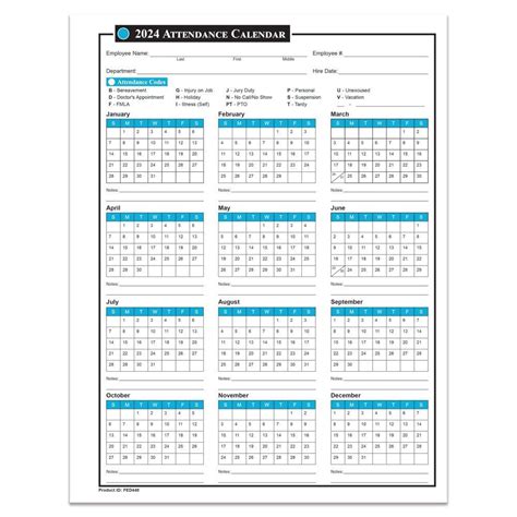 Attendance Calendar for 2024 from LaborLawCenter.com