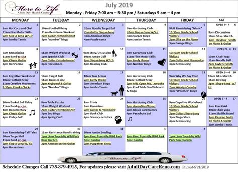 Adult Day Care Calendar | More To Life | Sparks, Nevada