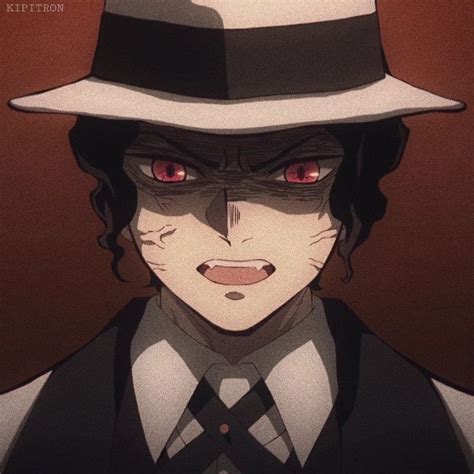 an anime character with red eyes wearing a fedora and black suit ...