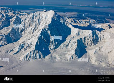 Aerial view of Summit of Mount Foraker and the Alaska Range as seen from the west during Winter ...