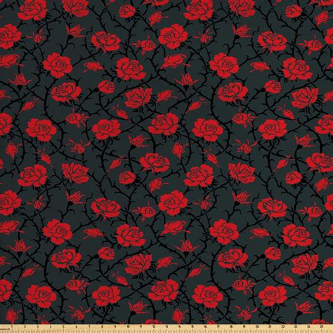 Red and Black Fabric by The Yard, Romantic Vintage Roses Illustration Old Fashioned Victorian ...