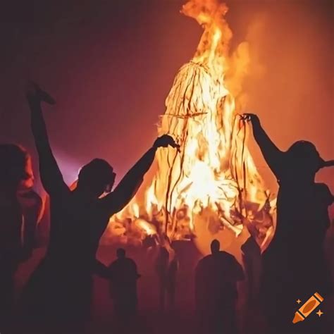 Silhouette leaping through a bonfire surrounded by a crowd