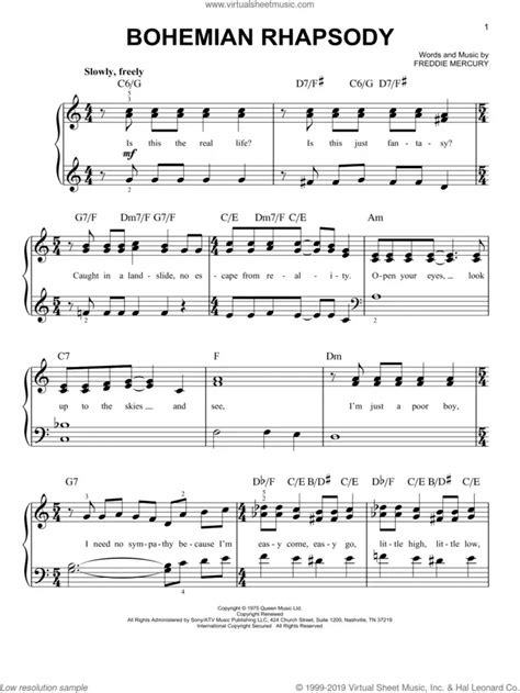 Bohemian Rhapsody, (easy) sheet music for piano solo (PDF) | Easy sheet ...