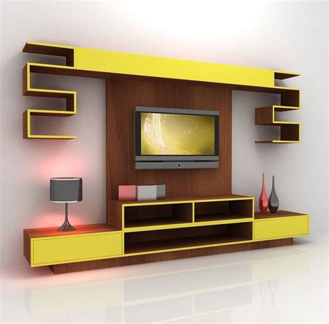 Contemporary Yellow Mixed Brown Wooden Tv Stand Cabinet And Wall Panel ...