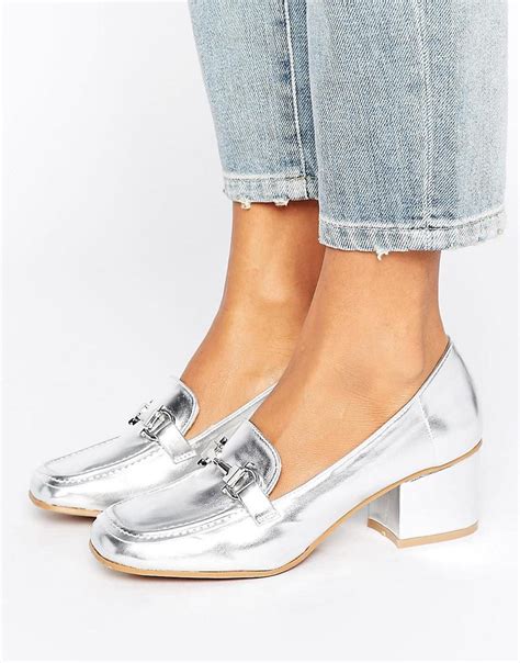 New Look Metal Detail Block Heel Loafer in Silver (Metallic) - Lyst