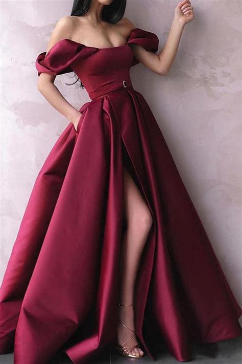 Burgundy Off The Shoulder Prom Dresses Long Formal Dresses With Slit ...