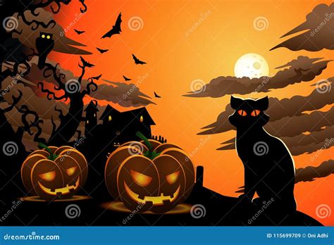 Scary Cat on Halloween Wallpaper with Carved Pumpkins Stock Vector - Illustration of nature ...