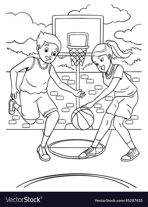 Basketball kids playing coloring page for kids Vector Image