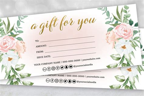 Floral Gift Certificate Template, Watercolor Floral Gift Voucher, Flowers Pink Gift Certificate ...