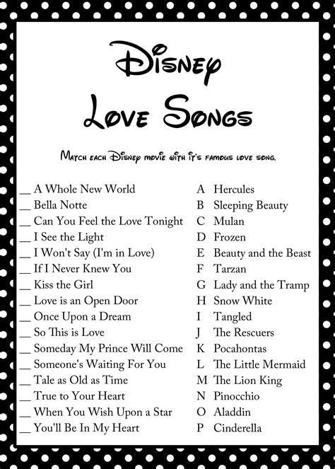 FREE Disney Love Song Bridal Shower Game | Disney love songs, Fun bridal shower games, Disney ...