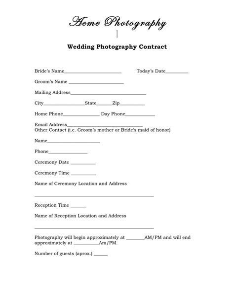 Wedding photography contract in Word and Pdf formats