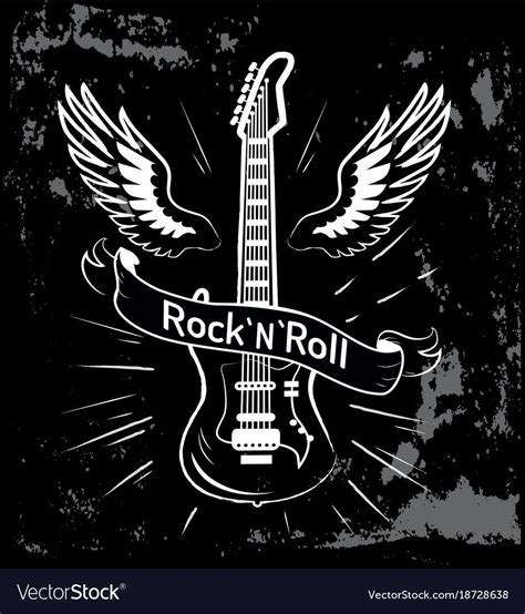 Rock n roll written in ribbon, image of electric guitar with wings ...