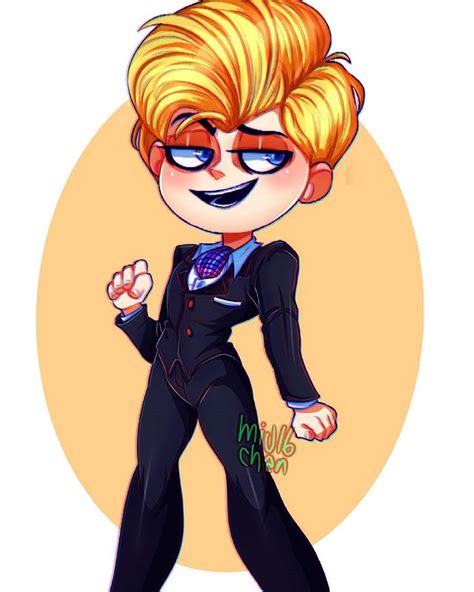 a cartoon character with blonde hair and blue eyes wearing a black suit ...