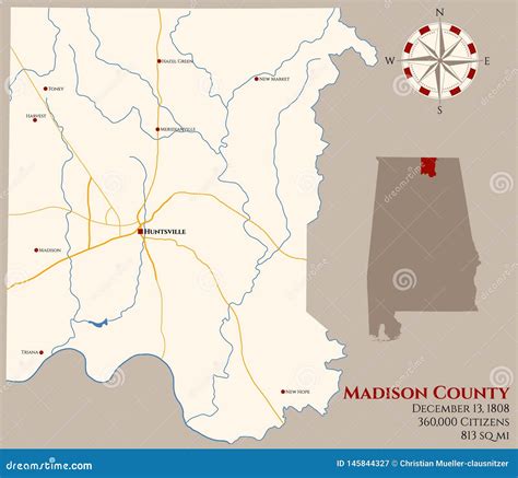 Map of Madison County in Alabama Stock Vector - Illustration of rivers ...