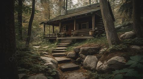 Rustic Log Cabin In The Woods With Steps Leading To It Background ...