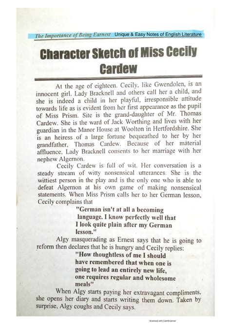 Character Sketch of Miss Cecily Cardew in The Importance of Being Earnest English Literature ...