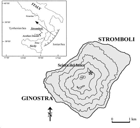 Map of Stromboli island showing the summit craters (circles). The PST-9... | Download Scientific ...