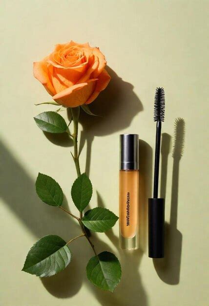Premium Photo | A bottle of orange lipstick next to a rose bush