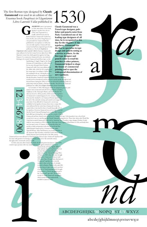 A poster explaining the history of the Garamond typeface. I like the colors used as well as the ...