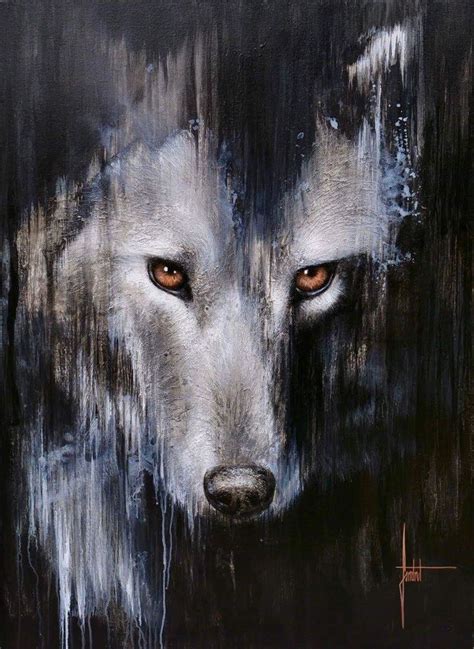 a painting of a wolf's face with orange eyes and white fur on black background