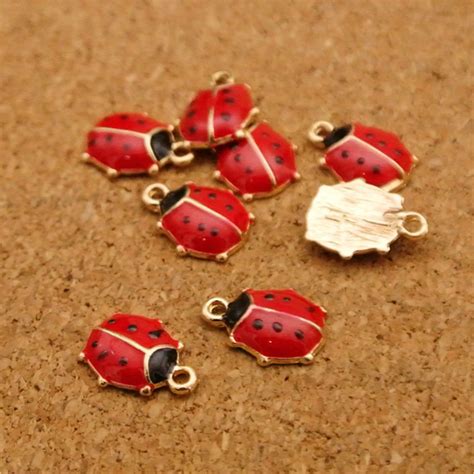 Wholesale 10PCS DIY Jewelry Gold Tone Red Enameled Ladybug Alloy Charms Bracelet Necklace ...