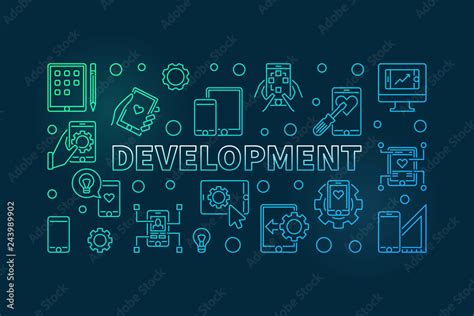 Development vector colorful concept horizontal illustration in thin line style on dark ...