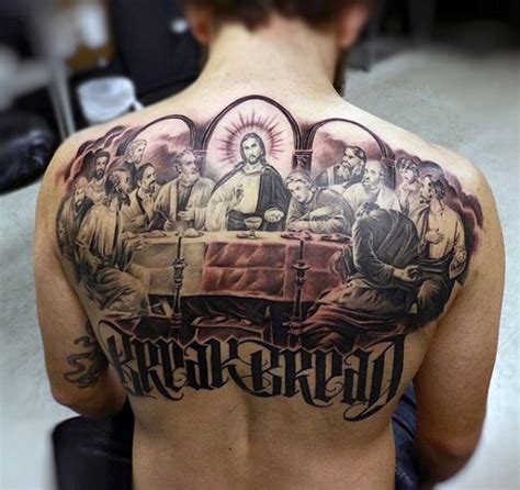 Religious themed colored The Last Supper painting tattoo on upper back ...