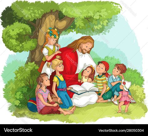 Jesus reading bible with children Royalty Free Vector Image