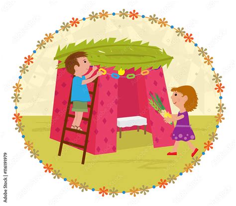 Sukkot clip art - Cute clip art of a boy and a girl decorating Sukkah. Eps10 Stock Vector ...