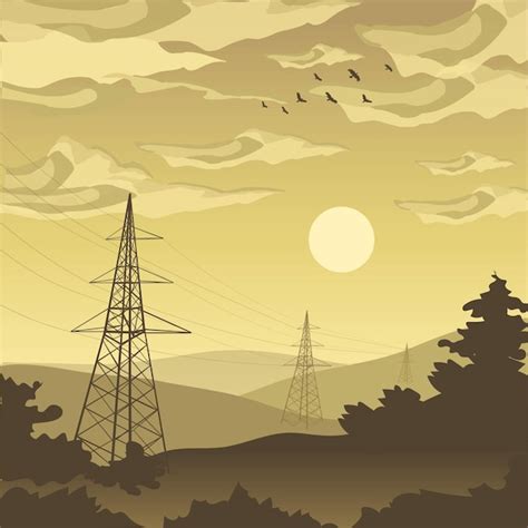 Premium Vector | Dawn in a country area electricity tower silhouette