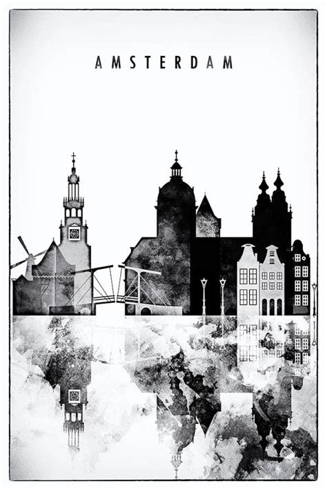 Black White Amsterdam Skyline Print Netherlands Poster | Etsy