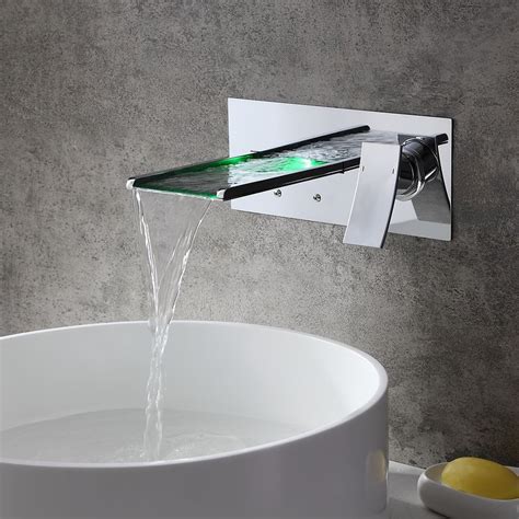 Koko Contemporary LED Wall-Mounted Polished Chrome Brass Waterfall Bathroom Sink Faucet