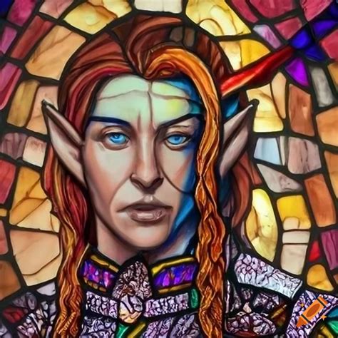 Stained glass art of a powerful elf character on Craiyon