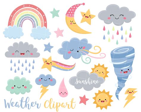 Weather Clipart Cute Weather Clip Art Storm Clouds Sun | Etsy Australia