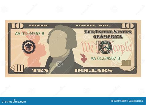 Ten Dollar Bill, 10 US Dollars Banknote, Obverse, Front Side. Simplified Vector Illustration of ...