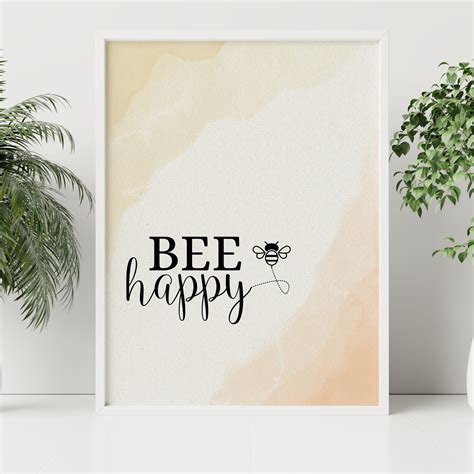 Bee Happy Print Inspirational Quote Prints With Bumble Bee | Etsy