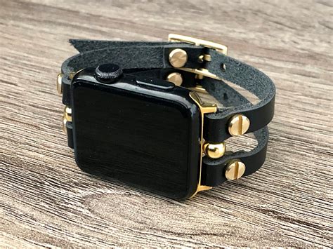 SALE! Black Leather & Gold Apple Watch Band 38mm 40mm 41mm 42mm 44mm ...