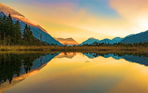 Sunset in the Bavarian Alps, reflections, germany, lake, water ...