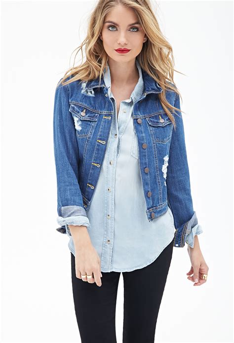 Forever 21 Contemporary Distressed Denim Jacket in Blue | Lyst