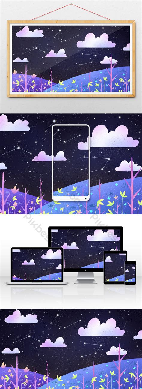 Purple Starry Sky Constellation White Cloud Grass Illustration ...