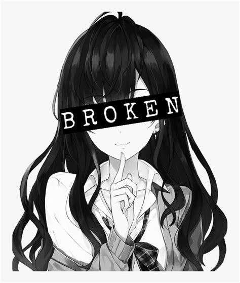 Animegirl Blackandwhite Greyscale Broken Depression - Anime Brown Hair Girl - 735x888 PNG ...